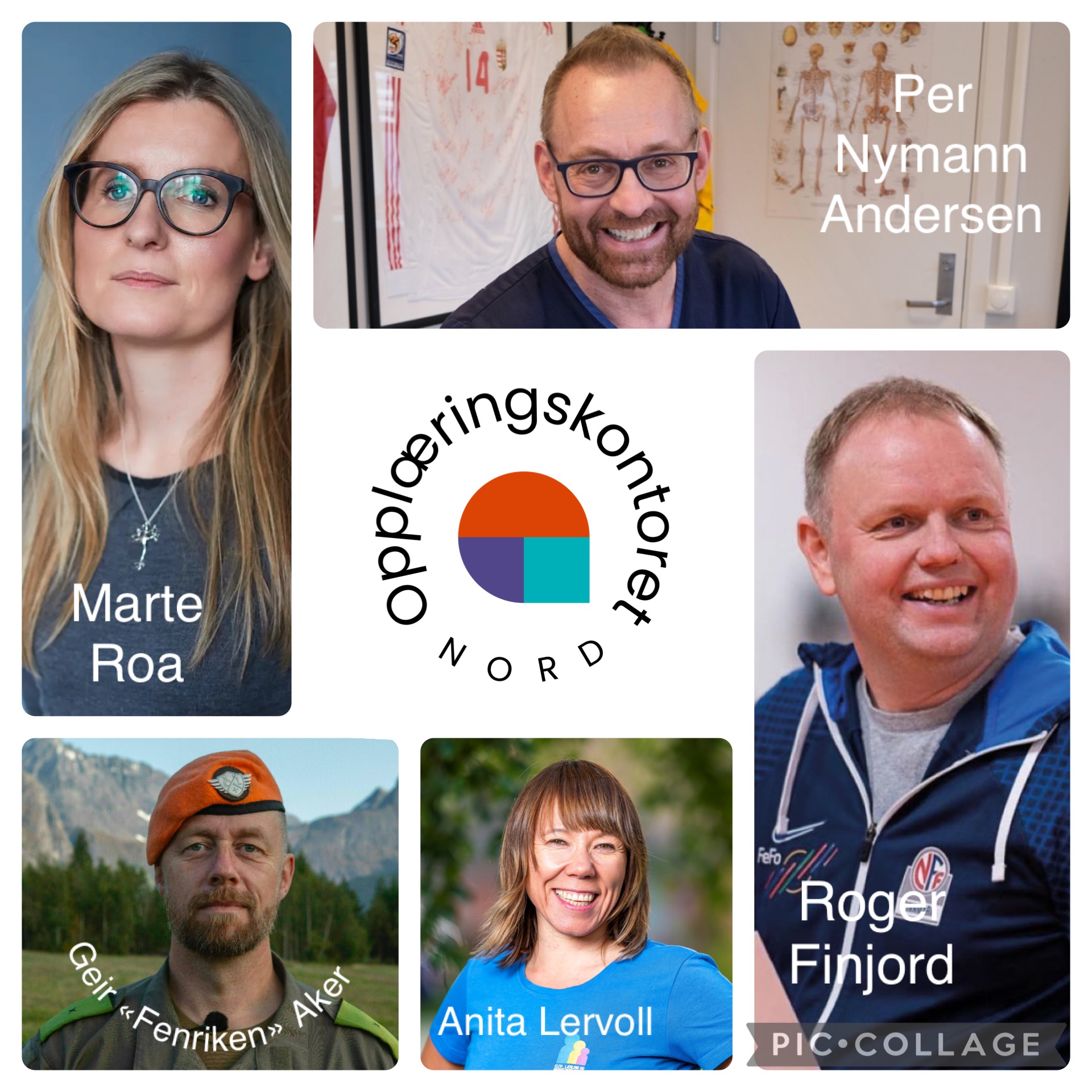 Samlebilde av foredragsholdere til konferanse. Marte Roa, Geir Aker, Anita Lervoll, Roger Finjord og Per Nymann Andersen